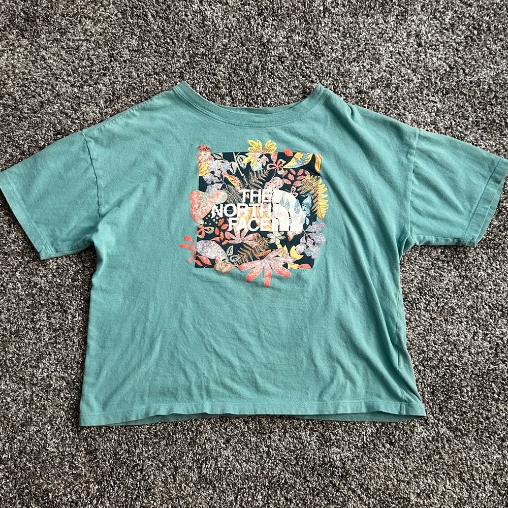 The North Face Girls XL Graphic Crop Tee Teal Floral Outdoor Shirt